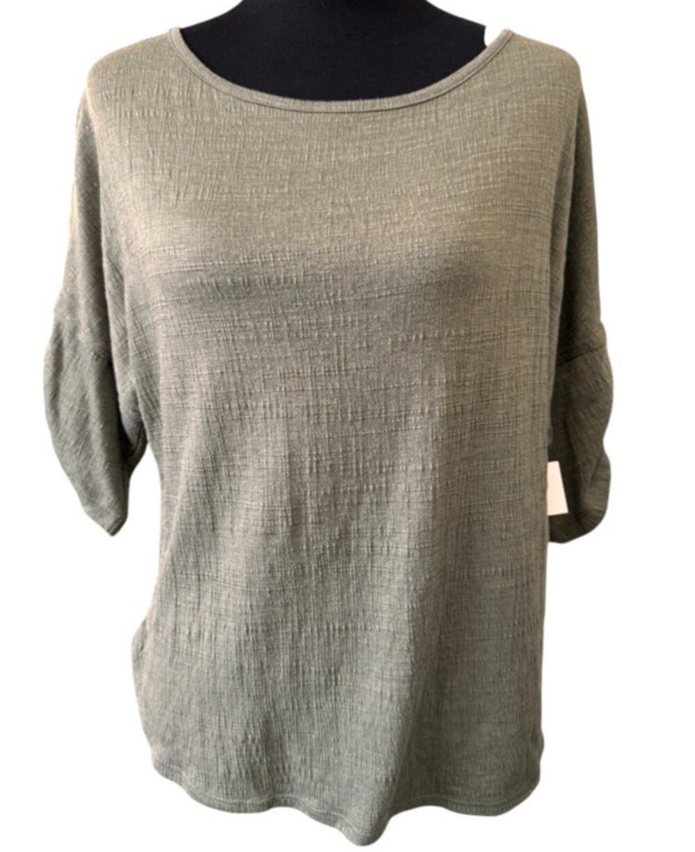 New Max Studio Women's Olive Crinkle Jersey Cinched Sleeve Knit Top Size XS